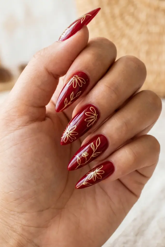 crimson-gold-floral-outline-ravishing-red-stiletto-nails-summer-designs-ideas