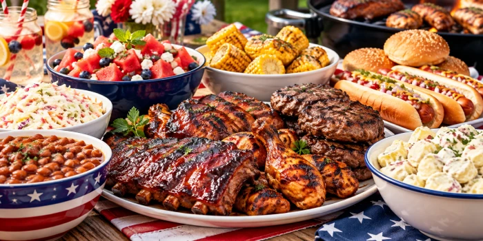 Crowd-Pleasing Fourth of July BBQ Recipes featuring grilled ribs, juicy burgers, hot dogs, corn, potato salad, baked beans, and refreshing summer sides for a festive cookout
