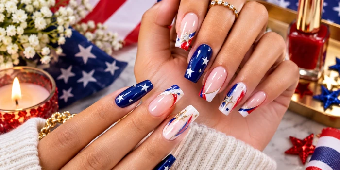 Close-up of glossy long acrylic nails in luxurious red, white, and blue Fourth of July designs with stars, gold accents, glitter details, and festive patriotic decor.