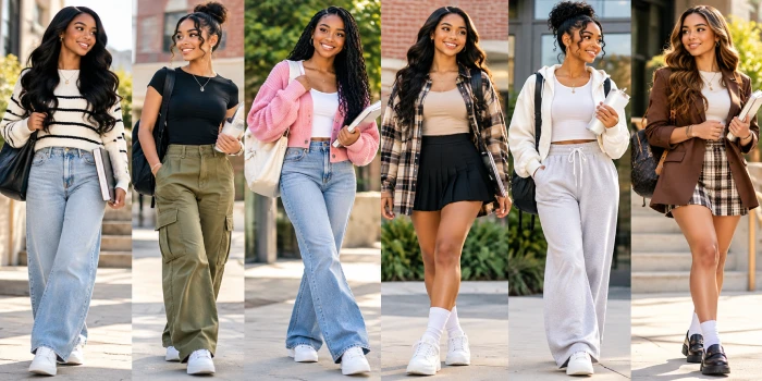 Cute school outfit ideas that look put together with trendy casual outfits, jeans, skirts, sweaters, sneakers, and stylish school accessories.