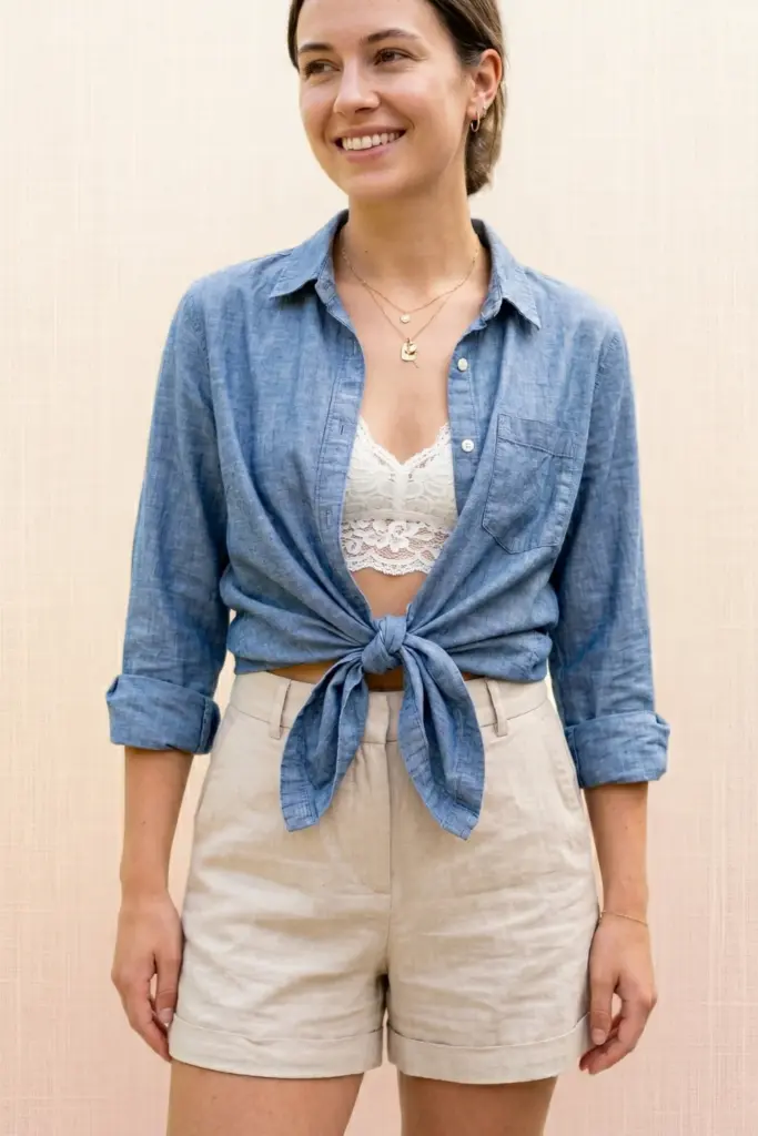 cute-summer-bbq-outfit-blue-chambray-button-up-tied-waist-white-lace-bralette-beige-shorts
