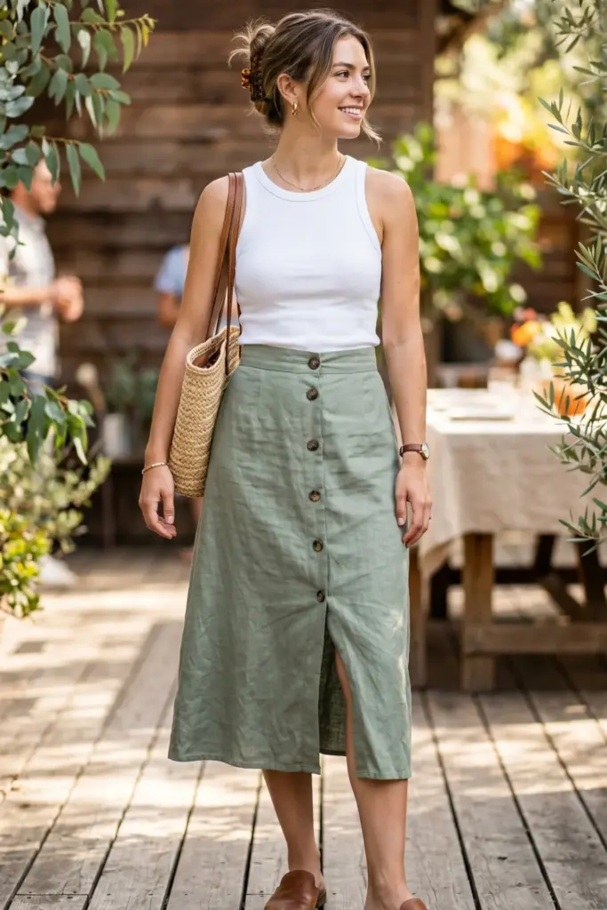cute-summer-bbq-outfit-button-front-midi-skirt-tank