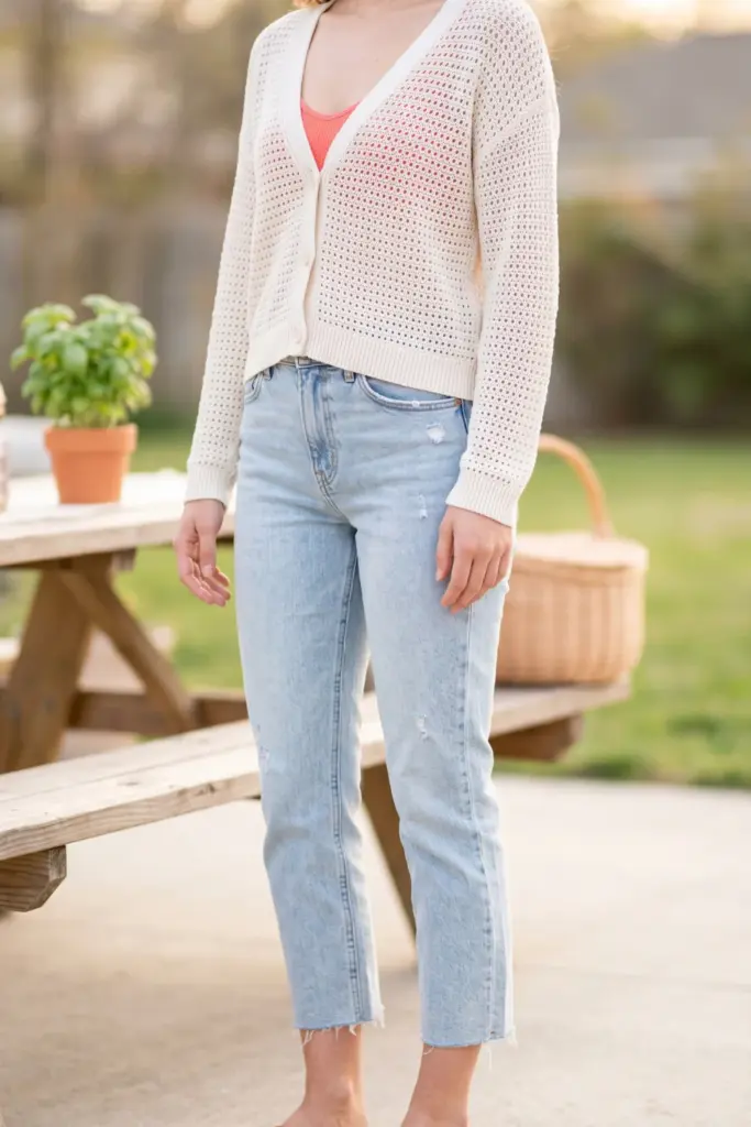 cute-summer-bbq-outfit-cropped-cardigan-raw-hem-jeans
