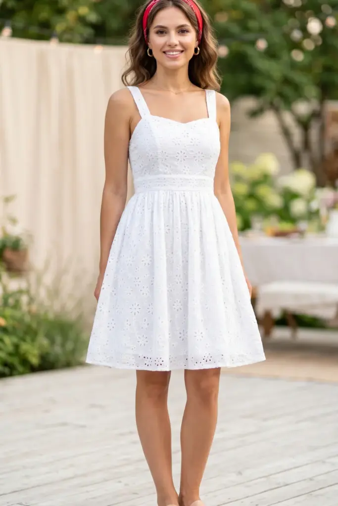 cute-summer-bbq-outfit-flowy-white-eyelet-lace-sundress-red-bandana-headband
