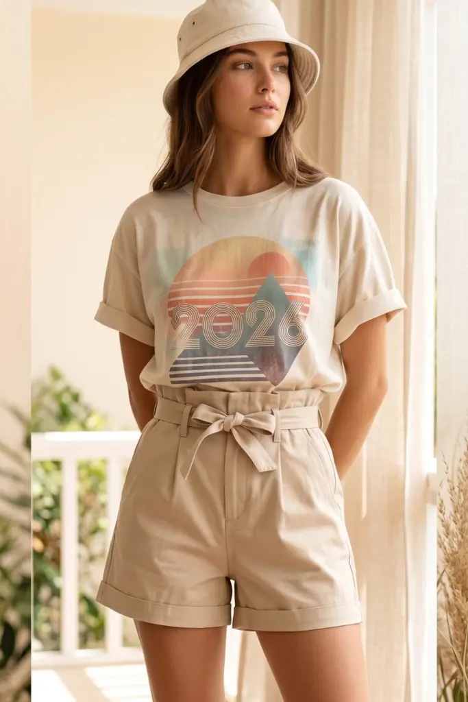 cute-summer-bbq-outfit-graphic-tee-paperbag-shorts