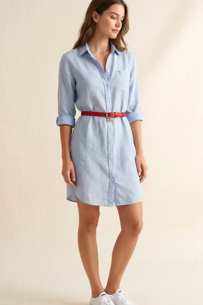 cute-summer-bbq-outfit-light-blue-linen-button-up-shirt-dress-red-belt-white-keds