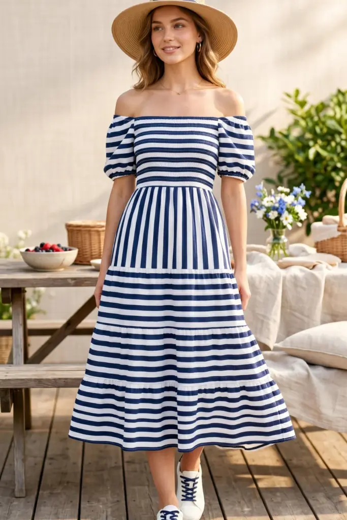 cute-summer-bbq-outfit-navy-white-striped-off-shoulder-midi-dress-straw-hat