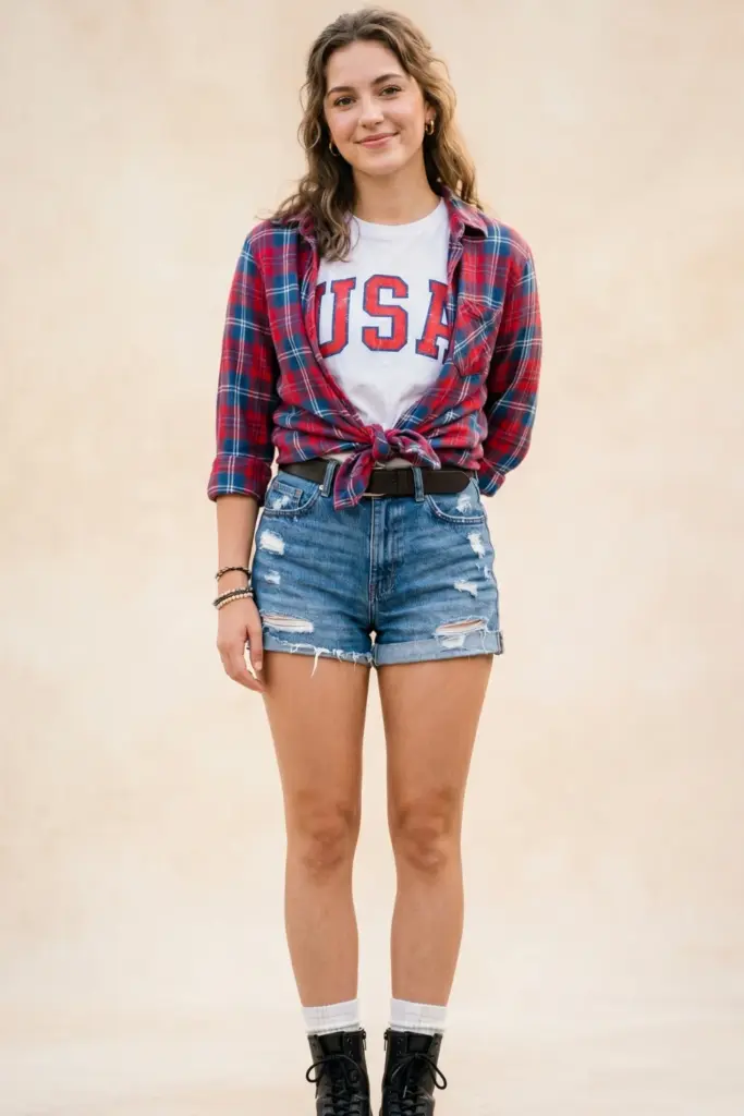 cute-summer-bbq-outfit-red-blue-plaid-button-down-open-white-graphic-usa-tee-denim-shorts
