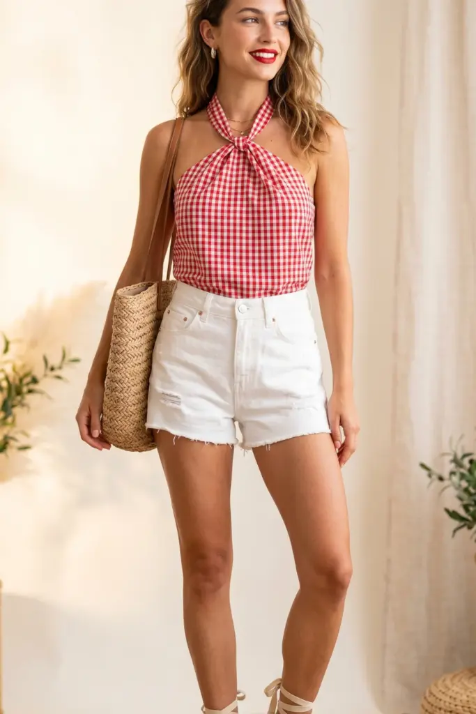 cute-summer-bbq-outfit-red-gingham-halter-top-white-denim-shorts-espadrilles