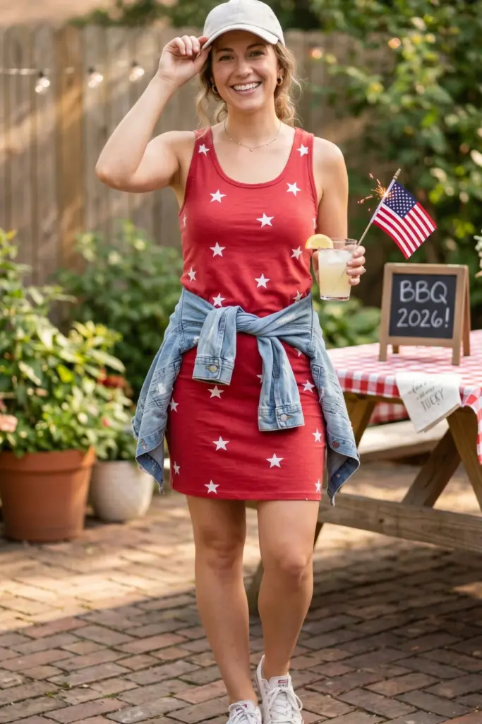 cute-summer-bbq-outfit-red-tank-dress-white-star-print-denim-jacket-tied-waist