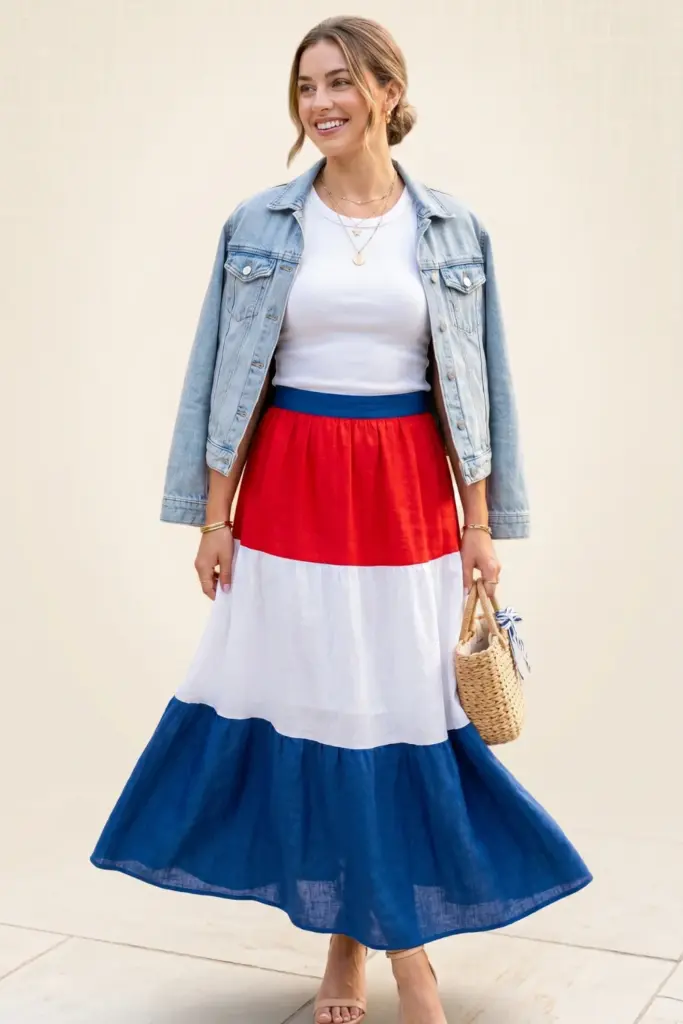 cute-summer-bbq-outfit-red-white-blue-color-block-maxi-skirt-simple-white-tank-top-layered-necklaces
