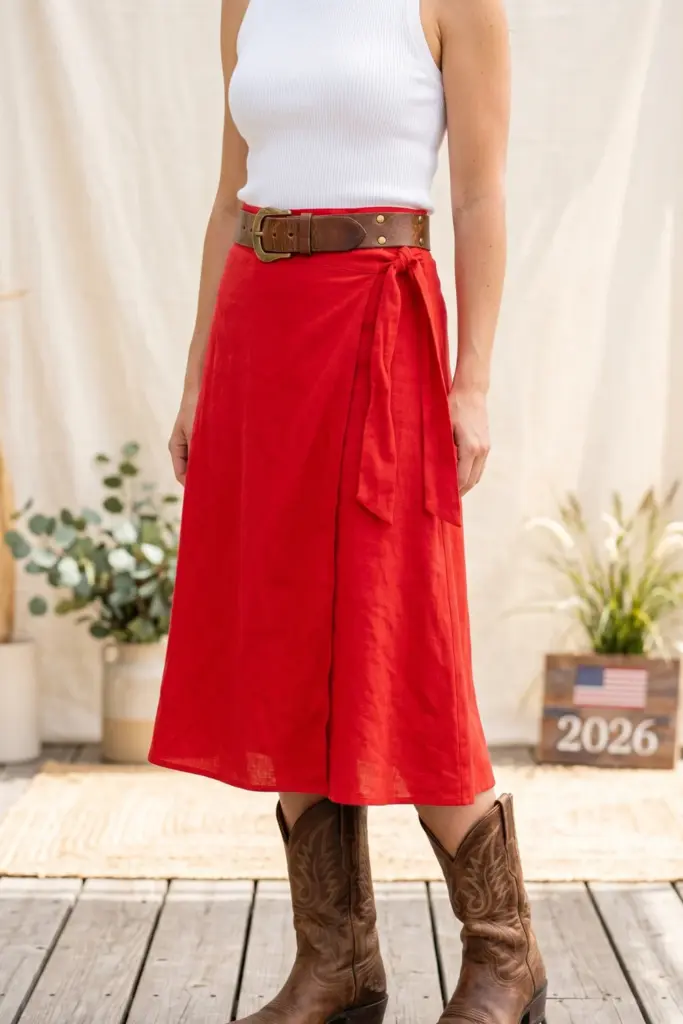 cute-summer-bbq-outfit-red-wrap-skirt-white-sleeveless-ribbed-knit-top-cowboy-boots