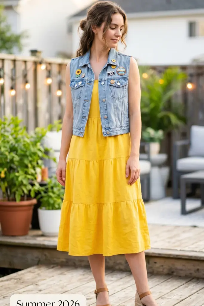 cute-summer-bbq-outfit-sundress-denim-vest