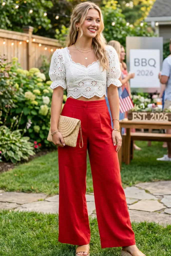 cute-summer-bbq-outfit-white-eyelet-crop-top-red-high-waisted-wide-leg-trousers