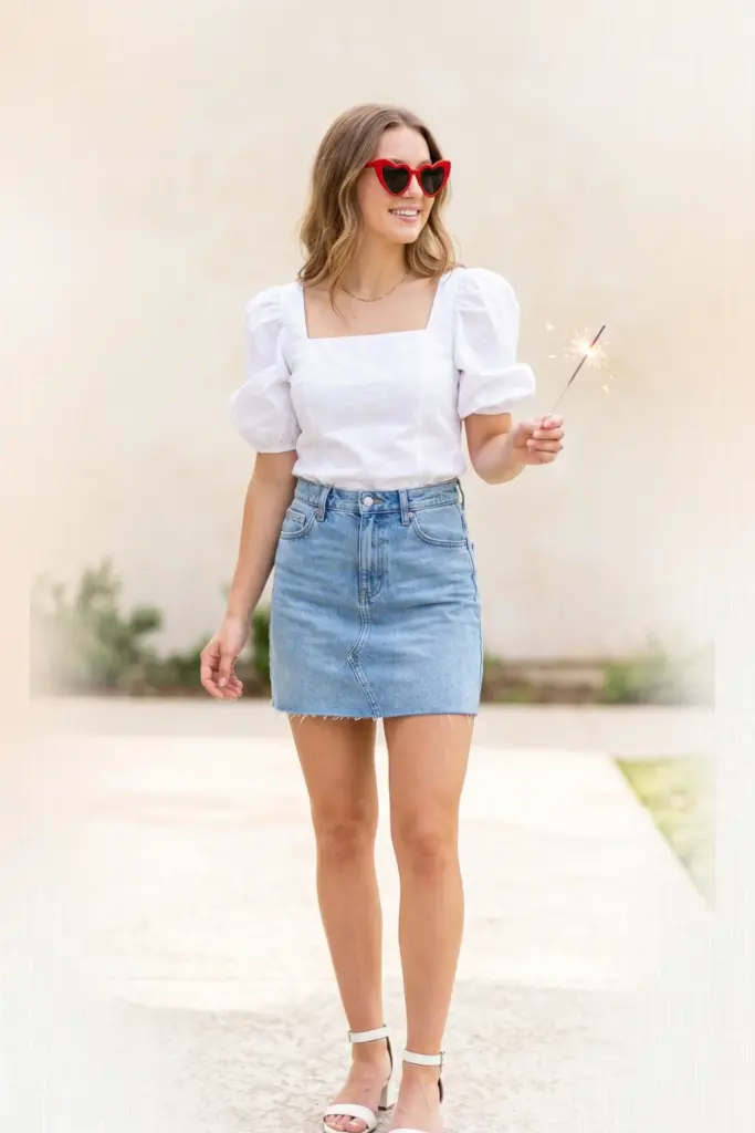 cute-summer-bbq-outfit-white-puff-sleeve-blouse-blue-denim-mini-skirt-red-heart-sunglasses
