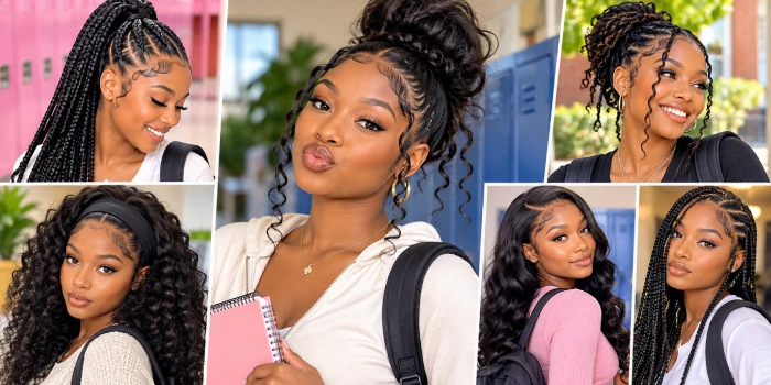 Cute trendy back-to-school hairstyles for Black women featuring stylish braids, curly ponytails, sleek buns, box braids, and polished school-ready looks.