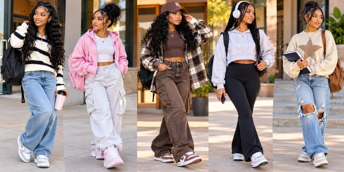 Cute viral school outfit design ideas with sneakers featuring trendy casual school looks, stylish jeans, hoodies, cargo pants, backpacks, and modern sneakers.