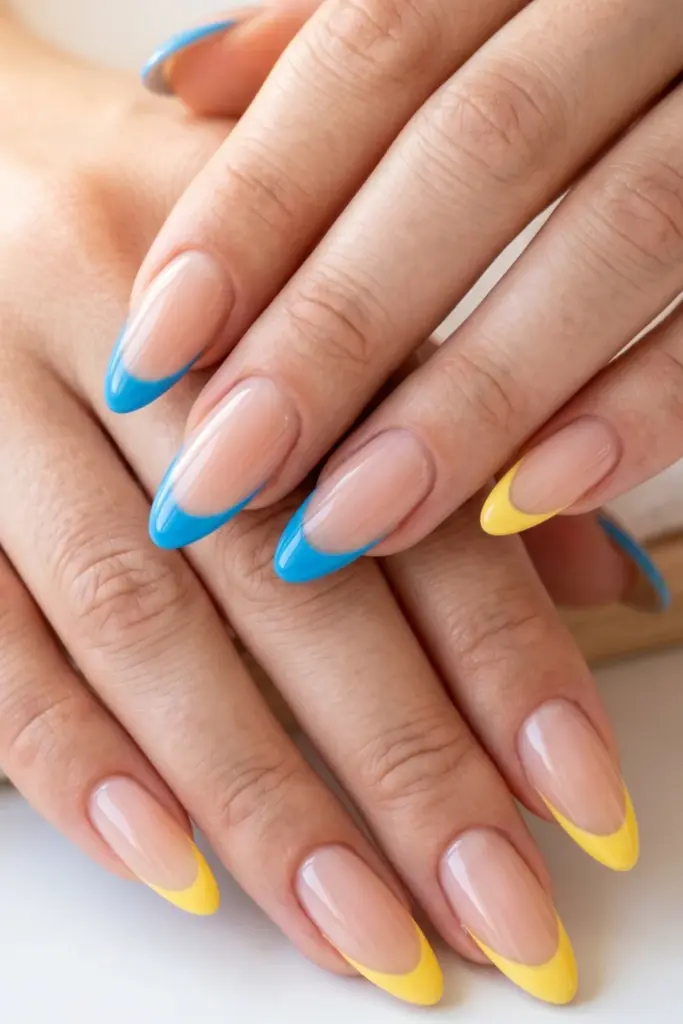 french-tips-blue-yellow-twist-girly-summer-nail-design-ideas
