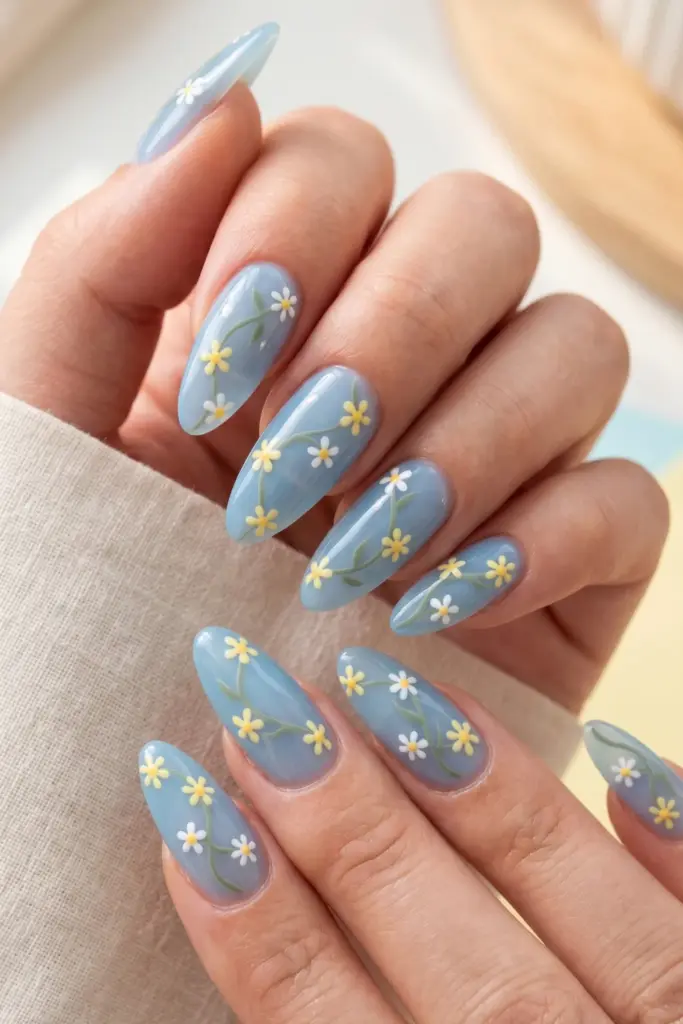 daisy-chain-sheer-blue-girly-summer-nail-design-ideas