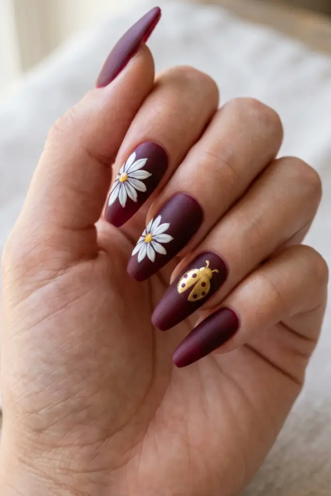 deep-burgundy-white-daisy-golden-ladybug-summer-nail-designs