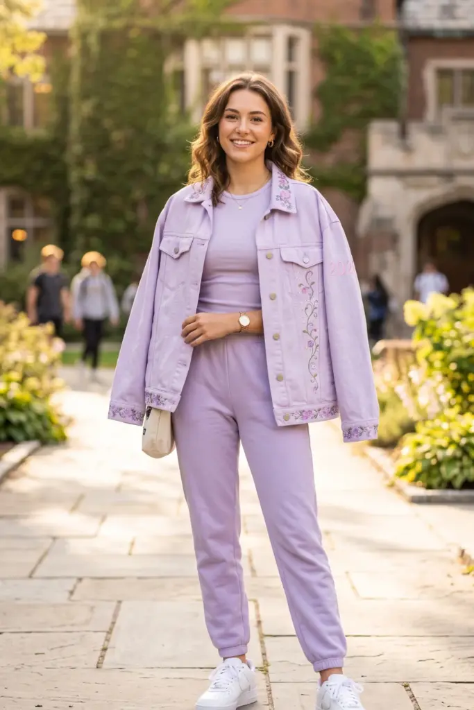 denim-jacket-jogger-sweatpants-cute-school-outfit-ideas