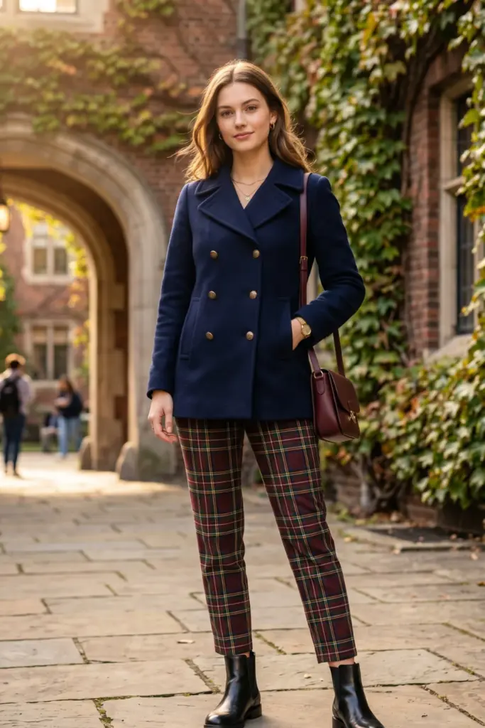 double-breasted-peacoat-plaid-pants-elegant-aesthetic-school-outfit-design-ideas-going-viral