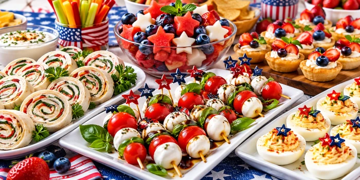 Easy Fourth of July appetizers featuring patriotic red, white, and blue party foods, including caprese skewers, deviled eggs, pinwheels, fresh fruit, and mini berry tarts.