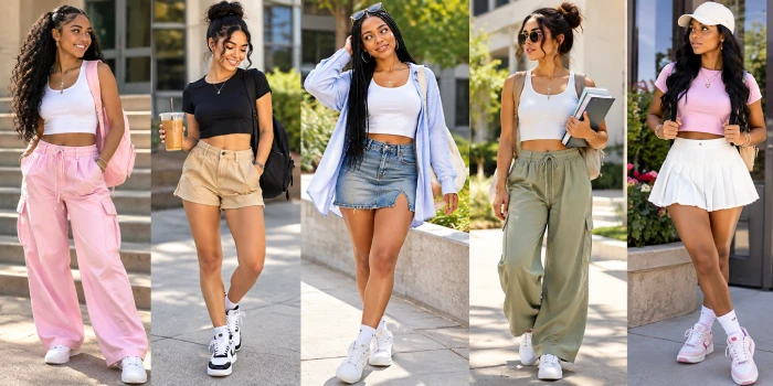 Easy school outfits design ideas for hot weather days featuring cute, comfortable summer looks with trendy tops, shorts, skirts, lightweight pants, and sneakers.