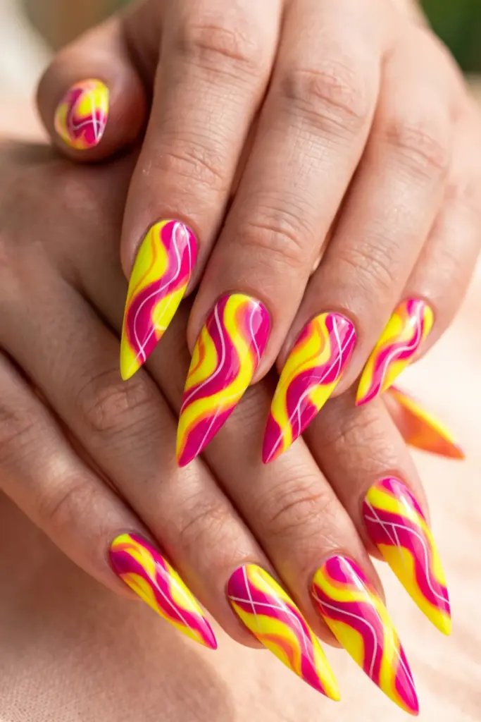 electric-lemon-fuchsia-liquid-lava-swirls-stunning-neon-abstract-swirl-acrylic-summer-nails-designs-ideas