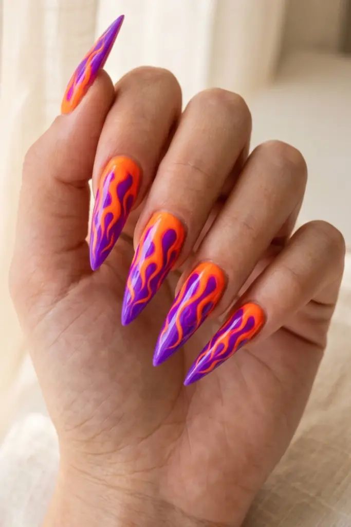 electric-purple-neon-orange-fire-whorls-stunning-neon-abstract-swirl-acrylic-summer-nails-designs-ideas