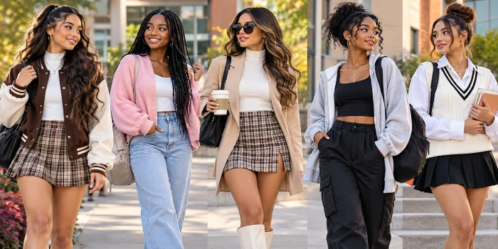 Elegant aesthetic school outfit design ideas featuring trendy layered looks, preppy outfits, skirts, jeans, cardigans, blazers, and stylish sneakers