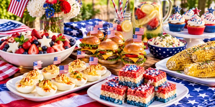 Elegant Fourth of July food ideas on a budget featuring patriotic fruit salad, mini burgers, deviled eggs, grilled corn, festive desserts, and refreshing lemonade arranged on a stylish outdoor party table.