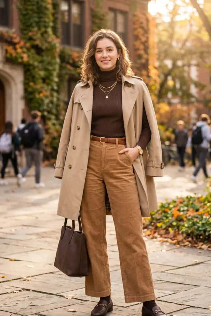 fancy-layered-fall-school-outfits-beige-trench-coat-brown-turtleneck-corduroy-pants-loafers