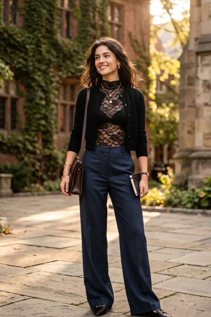 fancy-layered-fall-school-outfits-black-cropped-cardigan-high-neck-lace-bodysuit-wide-leg-pants-pointed-flats