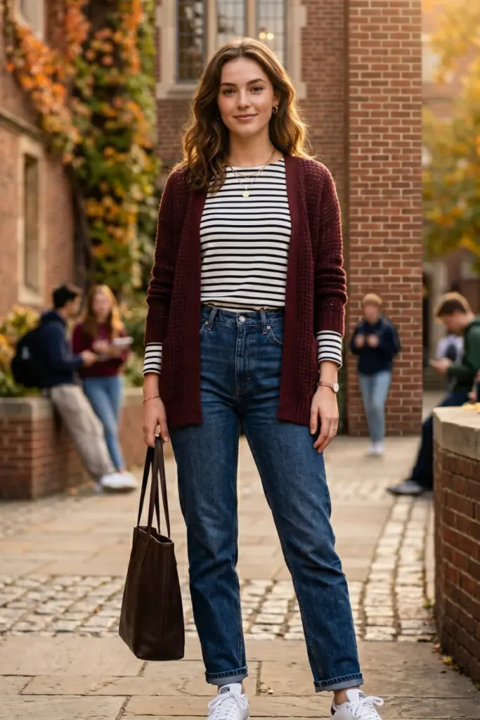 fancy-layered-fall-school-outfits-burgundy-cardigan-striped-long-sleeve-dark-jeans-white-sneakers