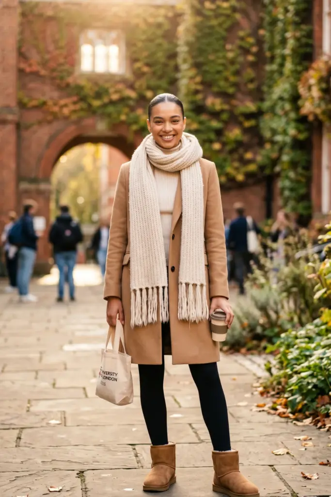 fancy-layered-fall-school-outfits-camel-wool-coat-chunky-knit-scarf-leggings-ugg-boots