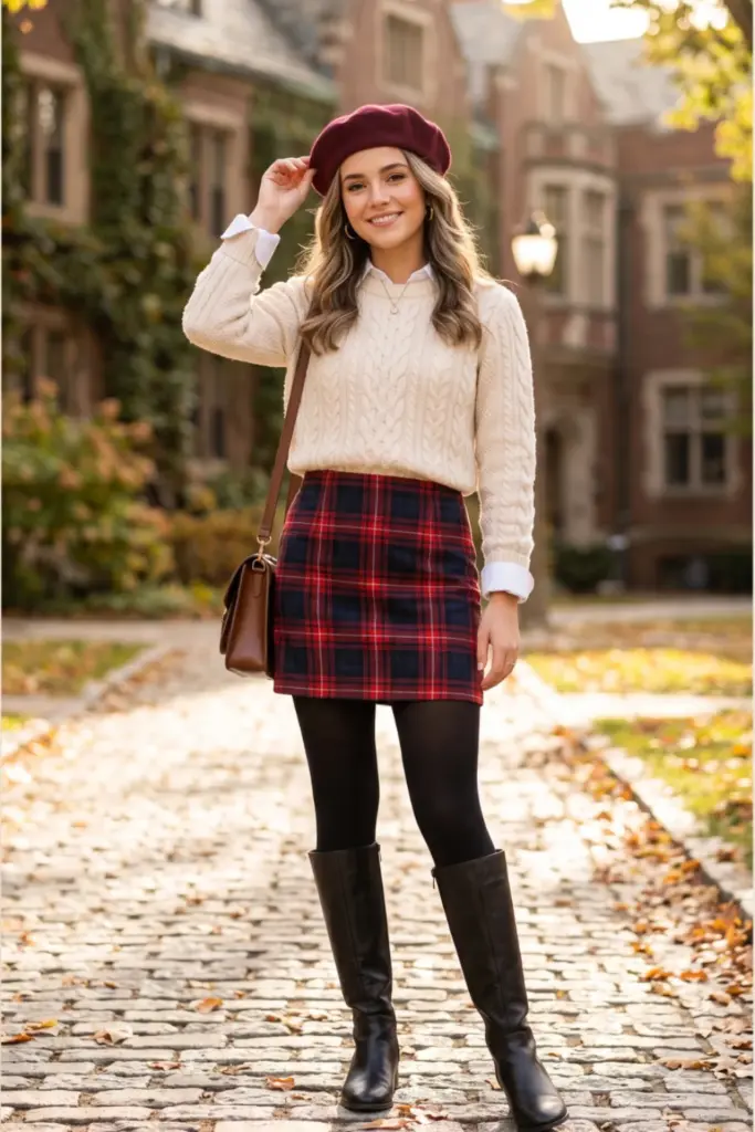 fancy-layered-fall-school-outfits-cream-cable-knit-sweater-white-button-down-plaid-mini-skirt-knee-high-boots-beret
