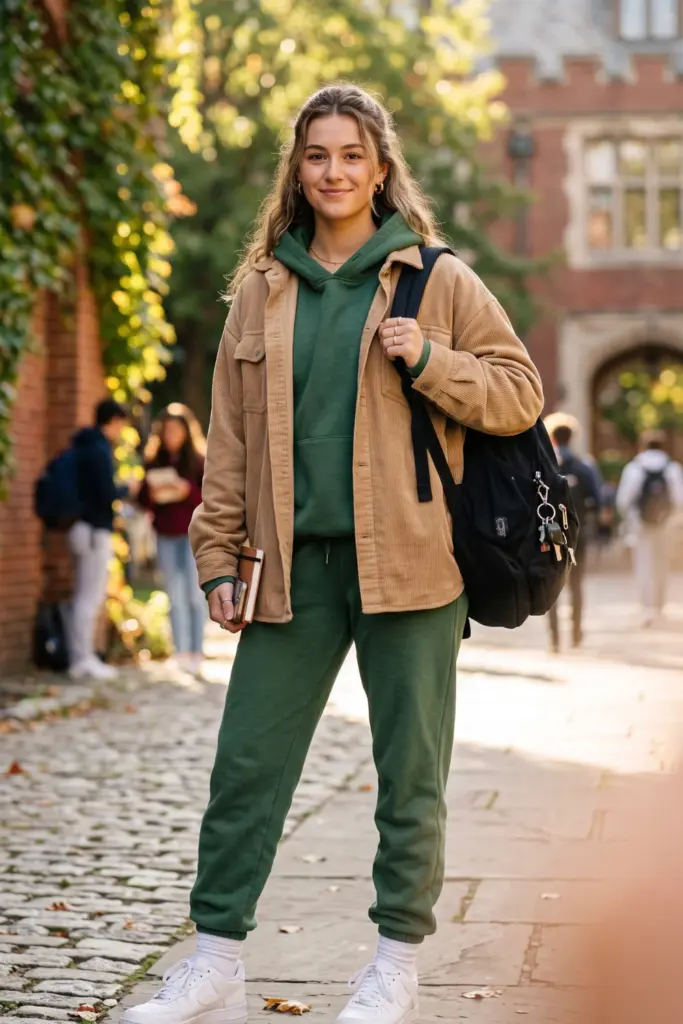fancy-layered-fall-school-outfits-forest-green-hoodie-corduroy-jacket-joggers-chunky-sneakers