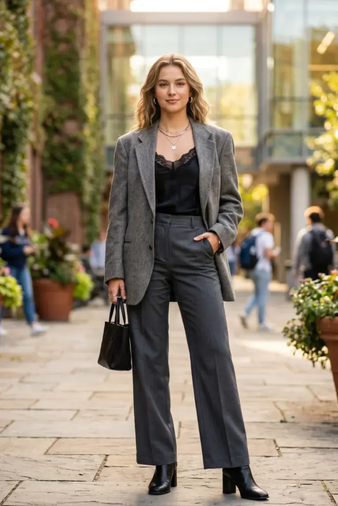 fancy-layered-fall-school-outfits-gray-oversized-blazer-silk-cami-high-waisted-trousers-heeled-boots