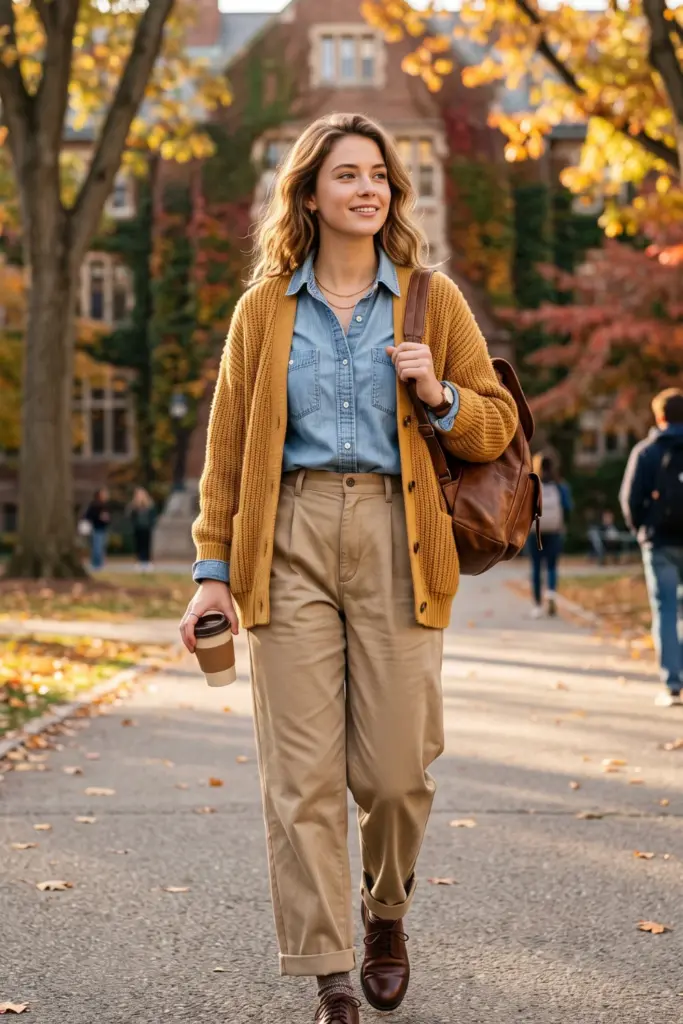 fancy-layered-fall-school-outfits-mustard-yellow-cardigan-denim-shirt-khaki-pants-oxfords