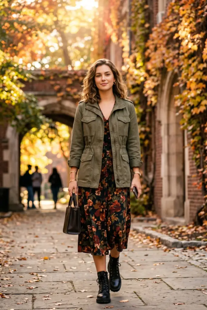 fancy-layered-fall-school-outfits-olive-utility-jacket-floral-midi-dress-ankle-boots