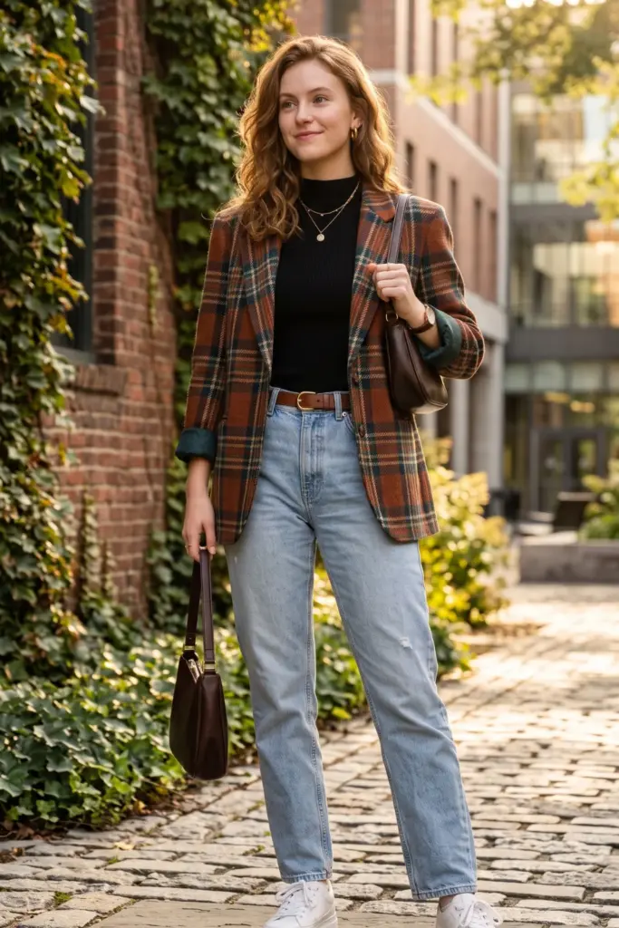 fancy-layered-fall-school-outfits-plaid-blazer-mock-neck-sweater-straight-leg-jeans-platform-sneakers