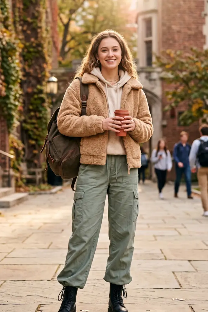 fancy-layered-fall-school-outfits-tan-sherpa-jacket-hoodie-cargo-pants-combat-boots