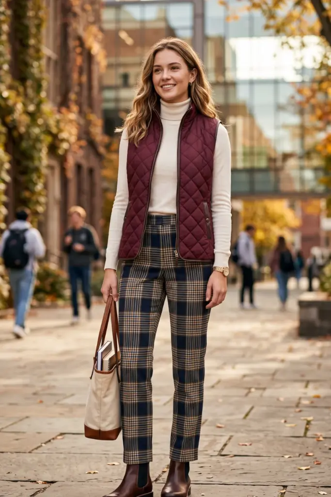fancy-layered-fall-school-outfits-wine-red-quilted-vest-cream-rollneck-plaid-trousers-chelsea-boots