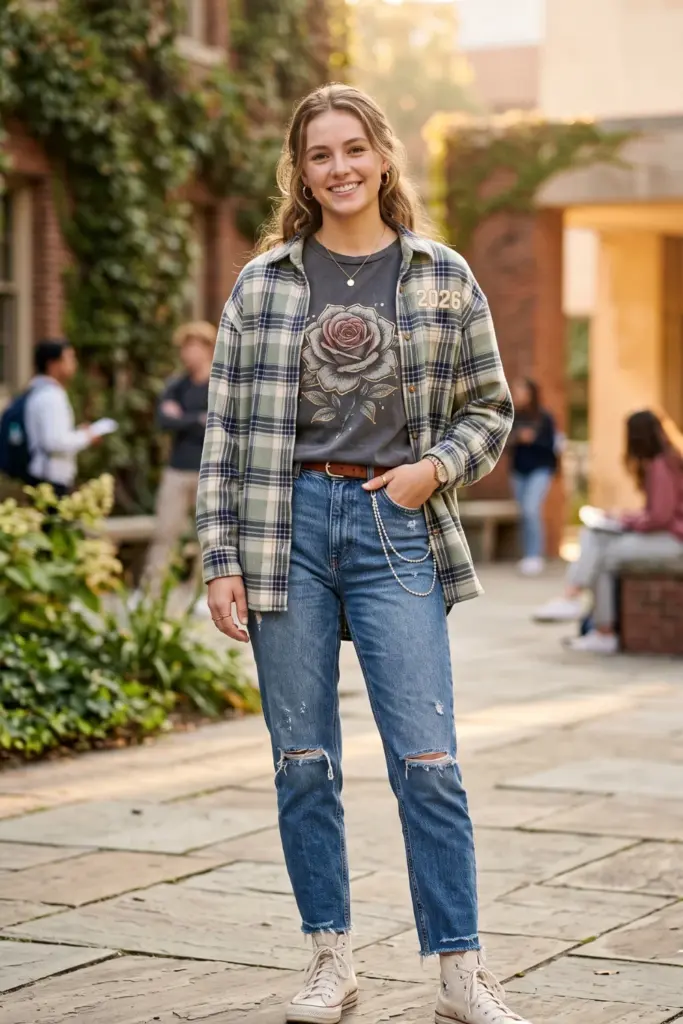 flannel-shirt-distressed-mom-jeans-cute-school-outfit-ideas
