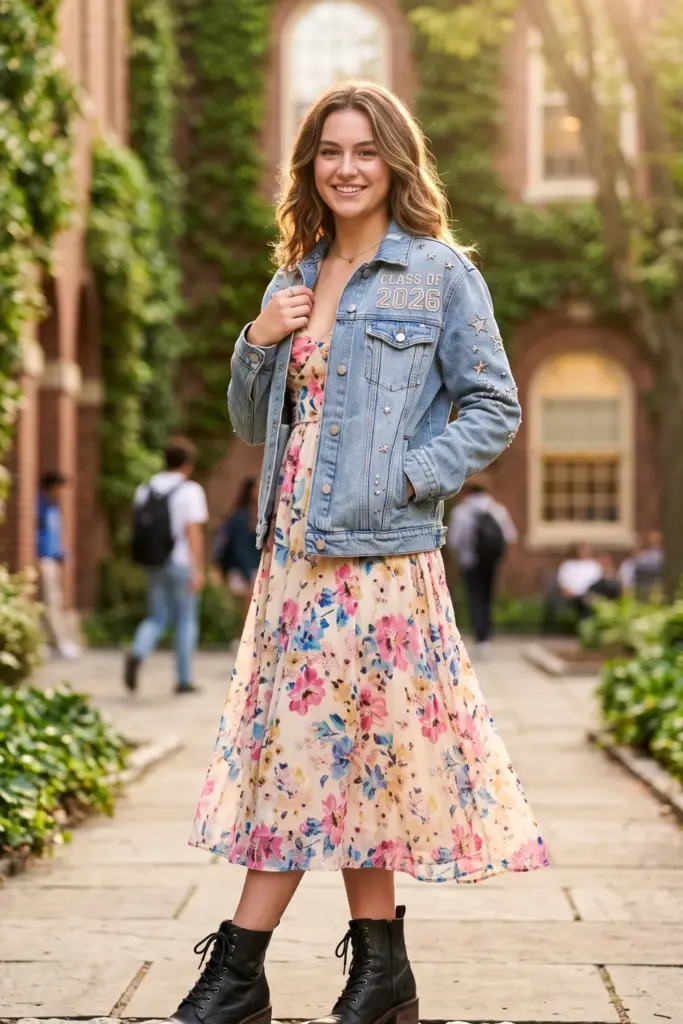 floral-midi-dress-denim-jacket-boots-school-outfit-picture-day