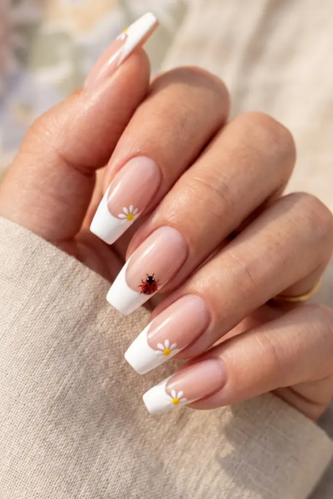 french-tip-ladybug-daisy-details-summer-nail-designs