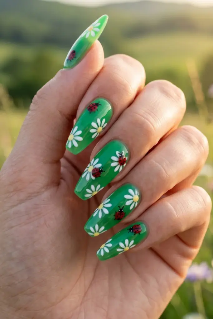 glossy-green-meadow-theme-tiny-ladybugs-summer-nail-designs