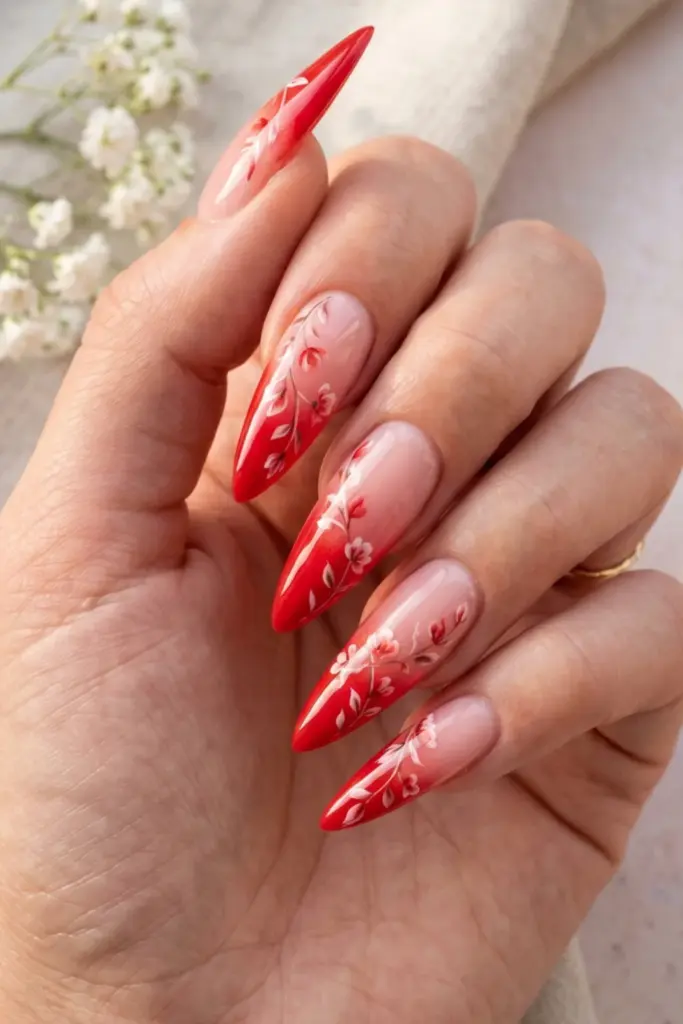 glossy-red-french-floral-fade-ravishing-red-stiletto-nails-summer-designs-ideas