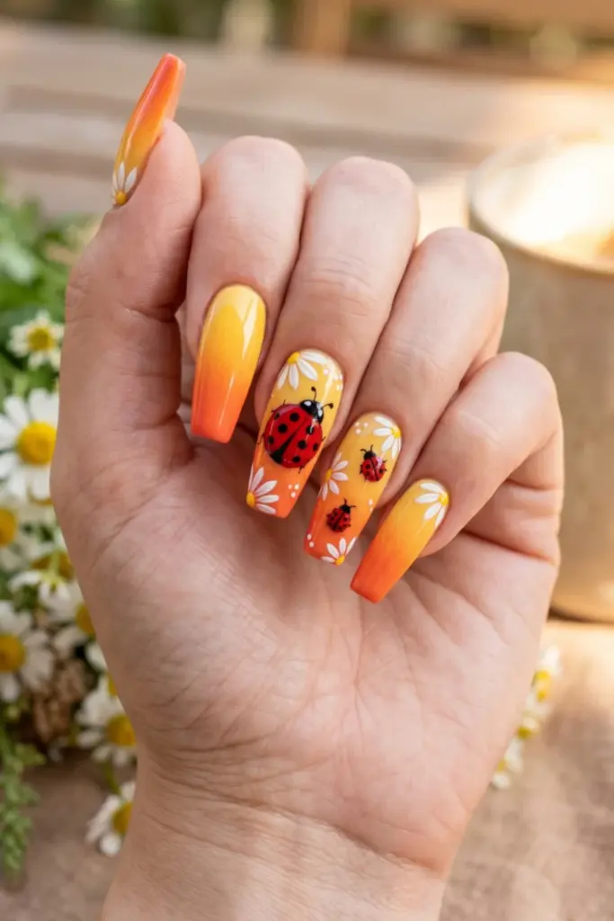 gradient-yellow-orange-ladybug-family-summer-nail-designs
